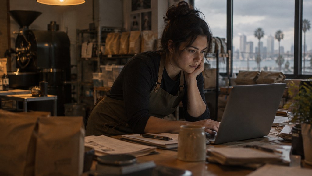 A small-business owner in an apron leaning over a laptop on a cluttered back-office desk late in the day, photographed in San Diego