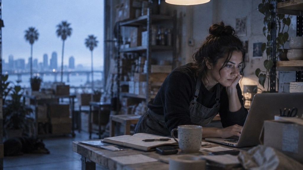 A small-business owner in an apron leaning over a laptop on a cluttered back-office desk late in the day, photographed in San Diego