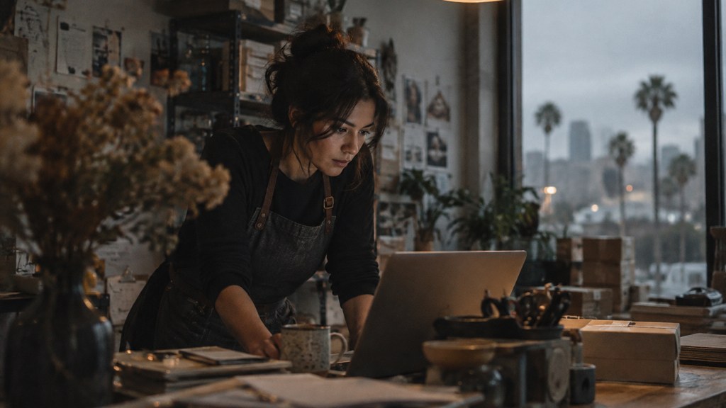 A small-business owner in an apron leaning over a laptop on a cluttered back-office desk late in the day, photographed in San Diego