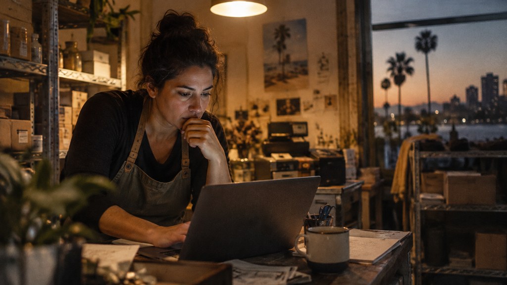 A small-business owner in an apron leaning over a laptop on a cluttered back-office desk late in the day, photographed in San Diego