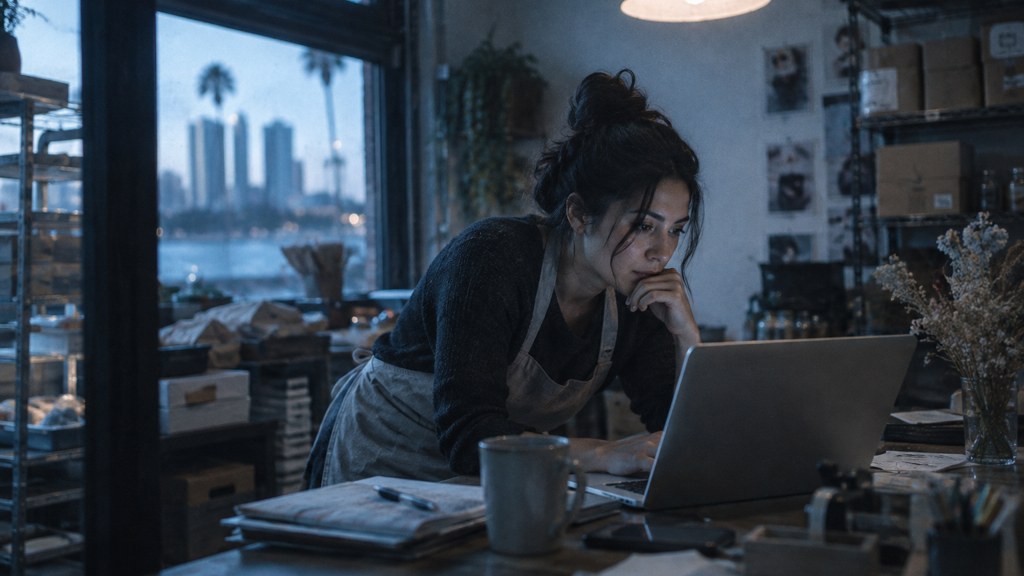 A small-business owner in an apron leaning over a laptop on a cluttered back-office desk late in the day, photographed in San Diego