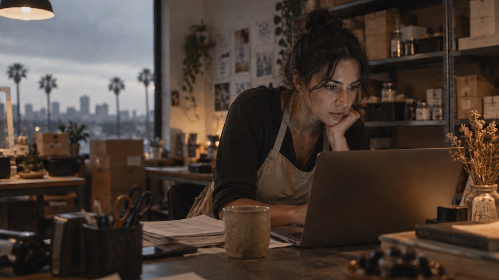 A small-business owner in an apron leaning over a laptop on a cluttered back-office desk late in the day, photographed in San Diego