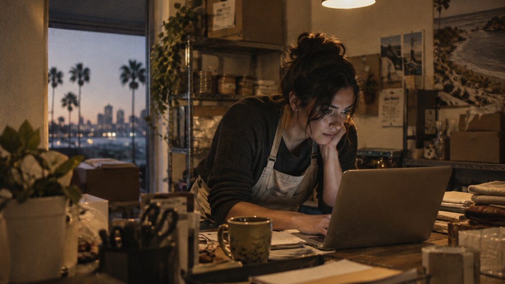 A small-business owner in an apron leaning over a laptop on a cluttered back-office desk late in the day, photographed in San Diego