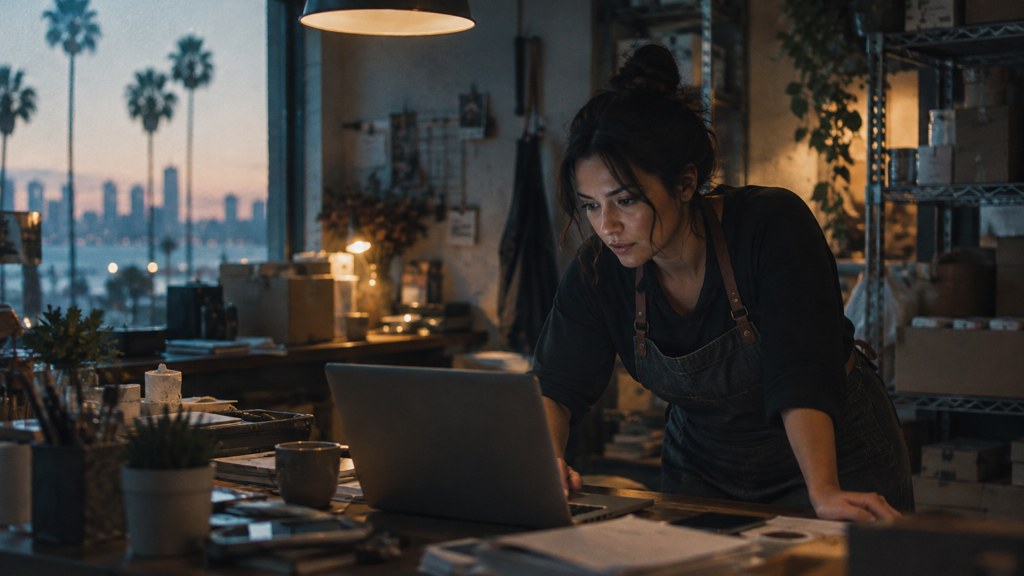 A small-business owner in an apron leaning over a laptop on a cluttered back-office desk late in the day, photographed in San Diego