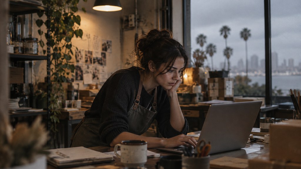 A small-business owner in an apron leaning over a laptop on a cluttered back-office desk late in the day, photographed in San Diego