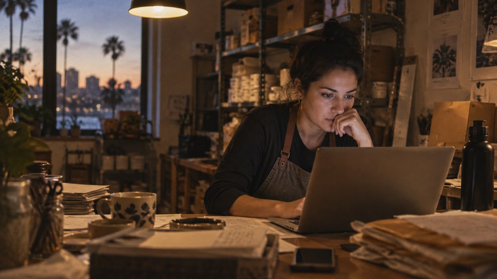 A small-business owner in an apron leaning over a laptop on a cluttered back-office desk late in the day, photographed in San Diego