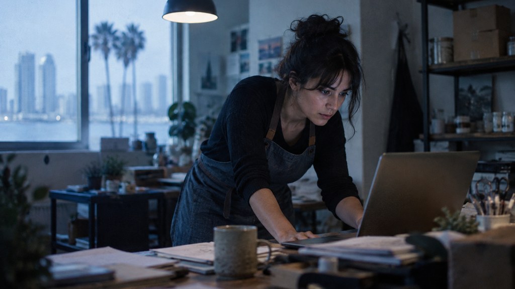 A small-business owner in an apron leaning over a laptop on a cluttered back-office desk late in the day, photographed in San Diego