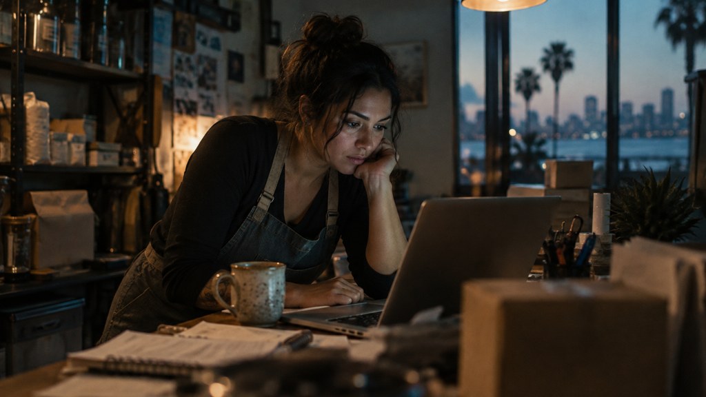 A small-business owner in an apron leaning over a laptop on a cluttered back-office desk late in the day, photographed in San Diego