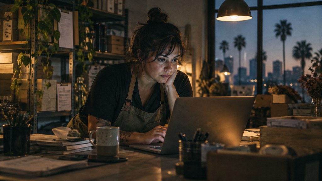 A small-business owner in an apron leaning over a laptop on a cluttered back-office desk late in the day, photographed in San Diego