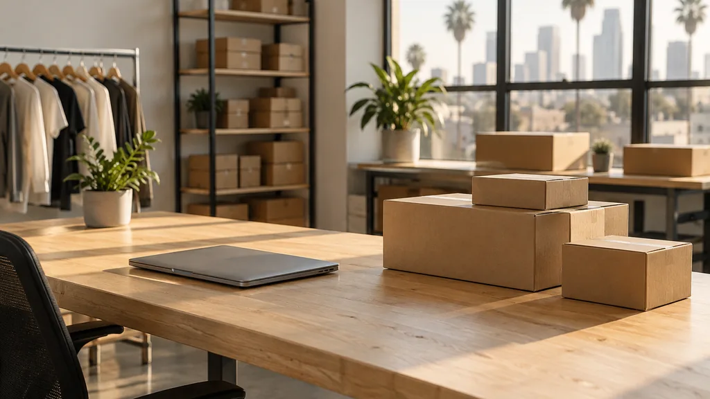 An empty workspace in a Los Angeles ecommerce studio with warm afternoon light, an empty desk, one closed laptop and plain unbranded product cartons on a pale wood bench