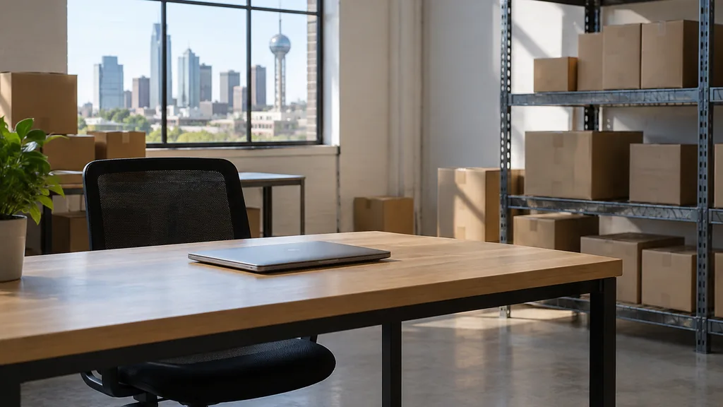 An empty workspace in a Dallas ecommerce warehouse office with bright dry light, an empty desk, one closed laptop and plain unbranded cartons on a metal shelf