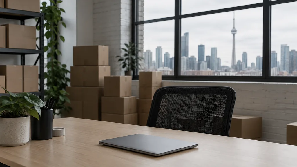 An empty workspace in a Toronto ecommerce brand's loft office with cool overcast light, an empty desk, one closed laptop and plain unbranded shipping cartons stacked behind it