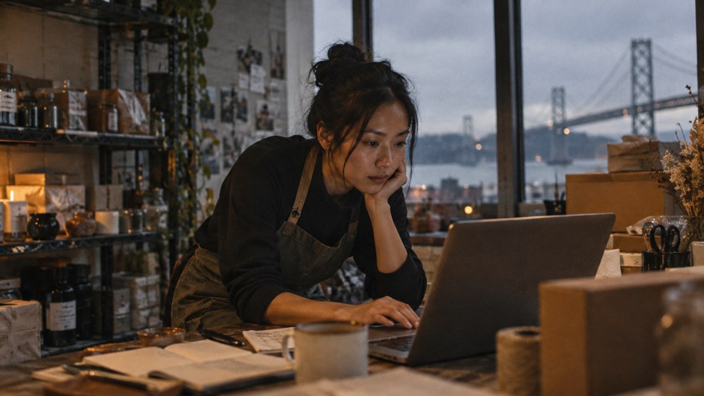 A small-business owner in an apron leaning over a laptop on a cluttered back-office desk late in the day, photographed in San Francisco