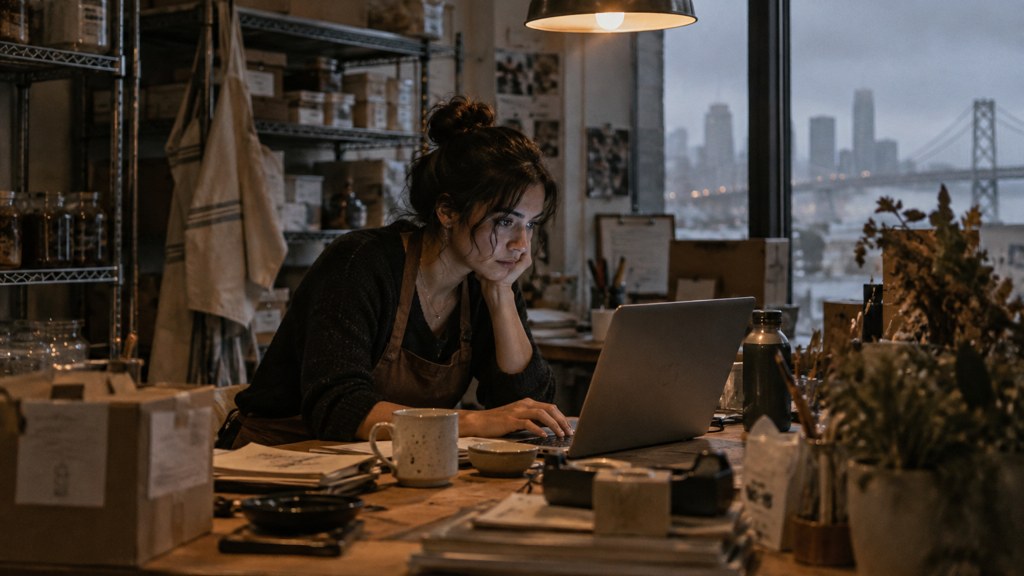 A small-business owner in an apron leaning over a laptop on a cluttered back-office desk late in the day, photographed in San Francisco