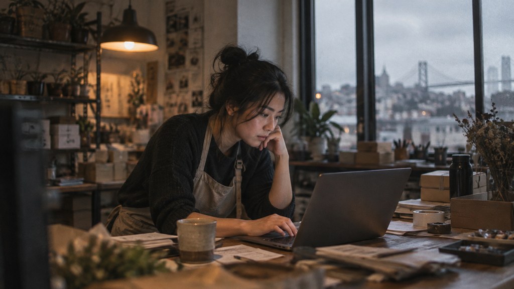 A small-business owner in an apron leaning over a laptop on a cluttered back-office desk late in the day, photographed in San Francisco