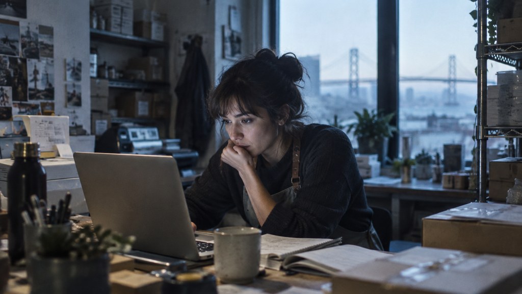 A small-business owner in an apron leaning over a laptop on a cluttered back-office desk late in the day, photographed in San Francisco