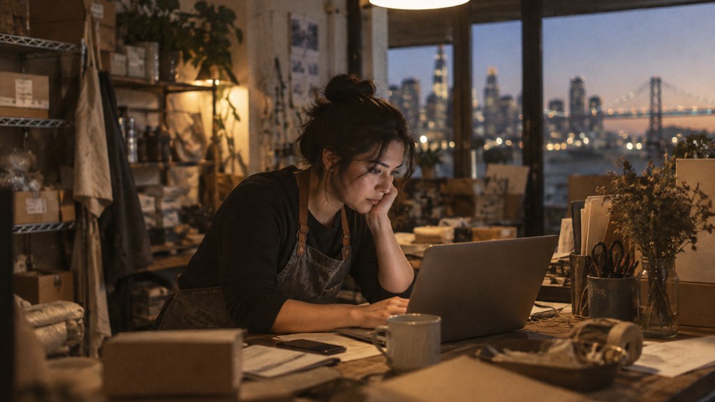 A small-business owner in an apron leaning over a laptop on a cluttered back-office desk late in the day, photographed in San Francisco
