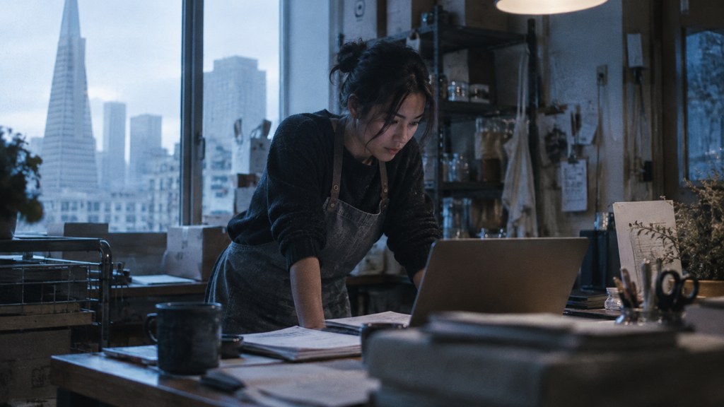 A small-business owner in an apron leaning over a laptop on a cluttered back-office desk late in the day, photographed in San Francisco