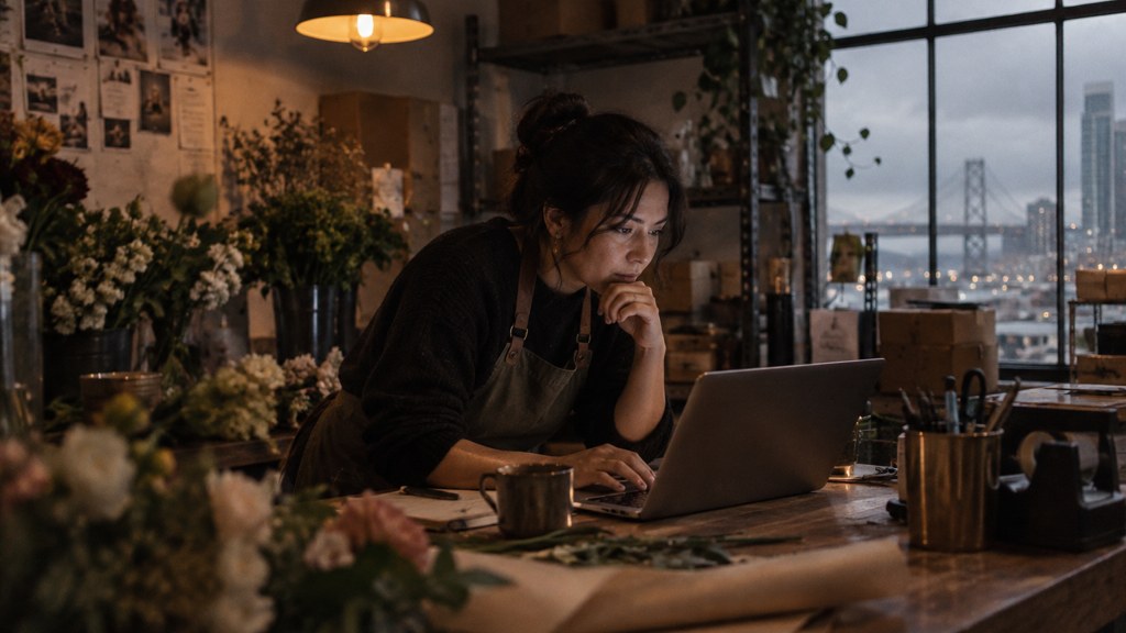 A small-business owner in an apron leaning over a laptop on a cluttered back-office desk late in the day, photographed in San Francisco