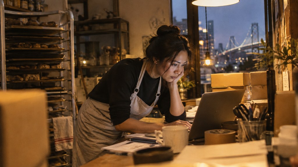 A small-business owner in an apron leaning over a laptop on a cluttered back-office desk late in the day, photographed in San Francisco