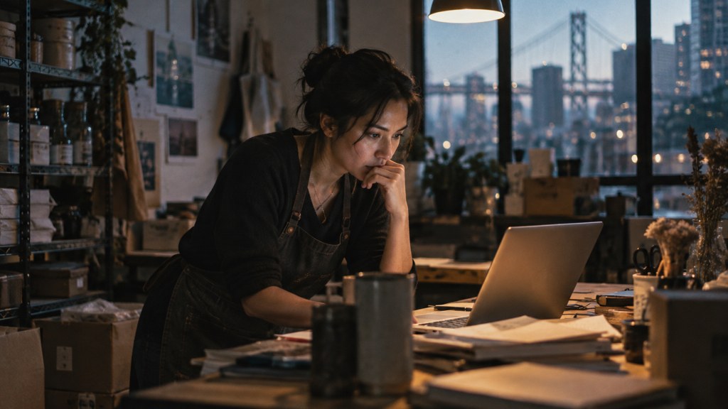 A small-business owner in an apron leaning over a laptop on a cluttered back-office desk late in the day, photographed in San Francisco