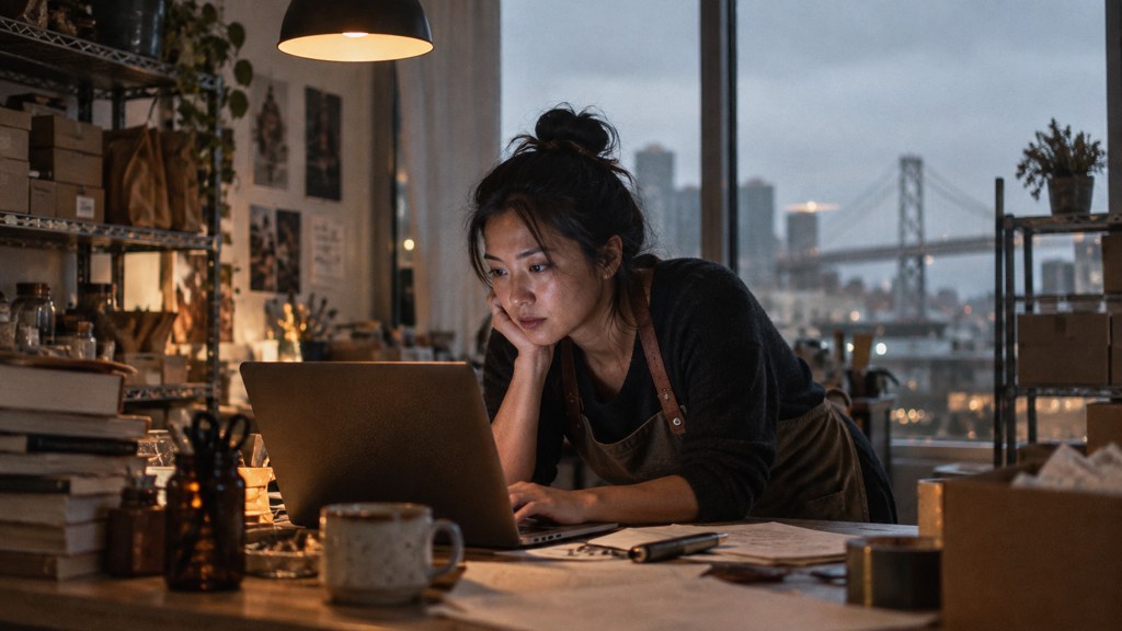 A small-business owner in an apron leaning over a laptop on a cluttered back-office desk late in the day, photographed in San Francisco
