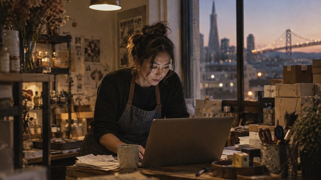 A small-business owner in an apron leaning over a laptop on a cluttered back-office desk late in the day, photographed in San Francisco