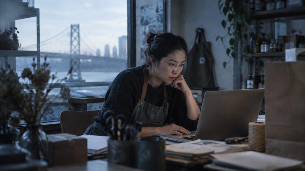 A small-business owner in an apron leaning over a laptop on a cluttered back-office desk late in the day, photographed in San Francisco