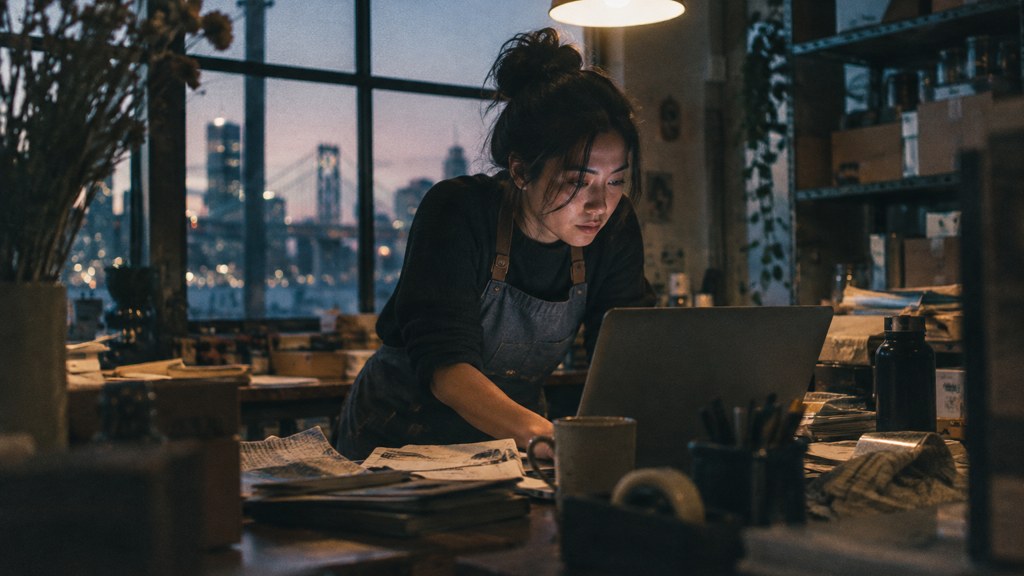A small-business owner in an apron leaning over a laptop on a cluttered back-office desk late in the day, photographed in San Francisco