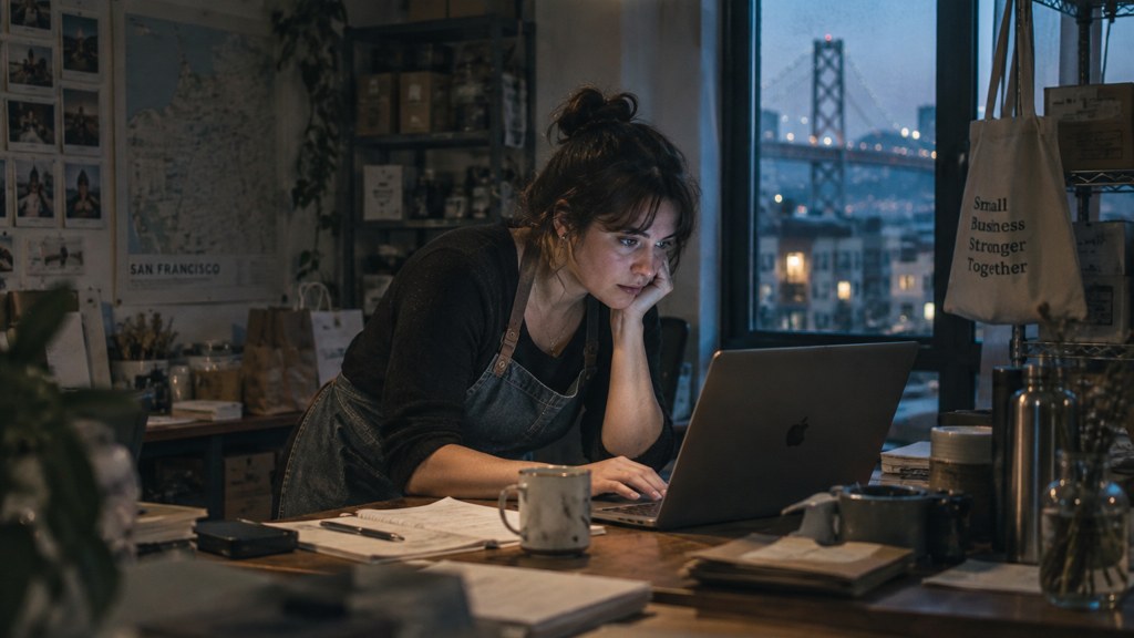 A small-business owner in an apron leaning over a laptop on a cluttered back-office desk late in the day, photographed in San Francisco
