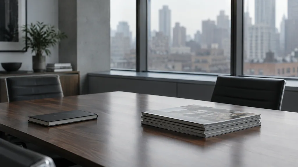 An empty workspace in a New York newsroom-style meeting room with soft grey window light, an empty table, one closed notebook and stacked plain unbranded magazines