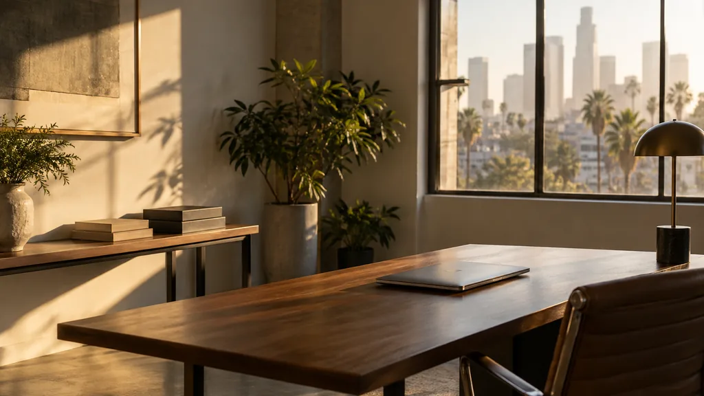 An empty workspace in a Los Angeles studio office with warm late-afternoon light, an empty desk, one closed laptop and plain unbranded press folders on a bench