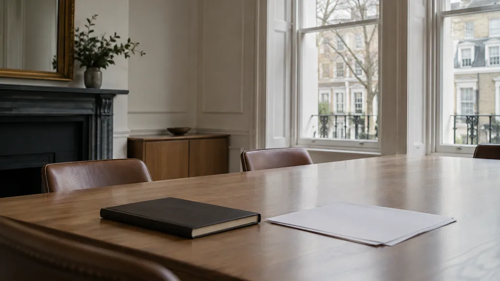 An empty workspace in a London Georgian townhouse office with soft overcast daylight, an empty meeting table, one closed notebook and plain unbranded printed pages