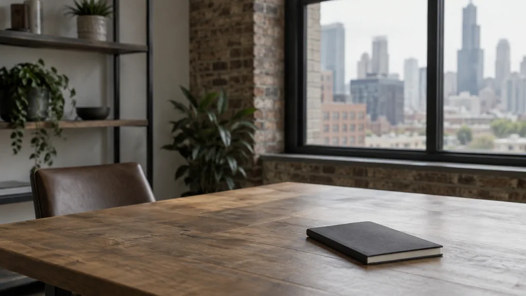 An empty workspace in a Chicago loft-style office with soft grey window light, an empty table and one closed notebook
