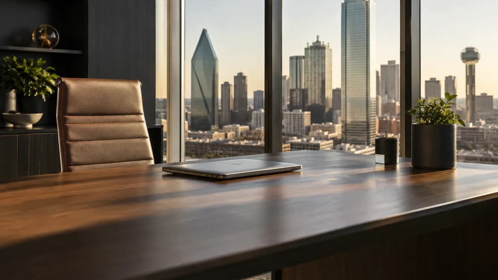 An empty workspace in a Dallas high-rise office with warm afternoon light, an empty desk and one closed laptop
