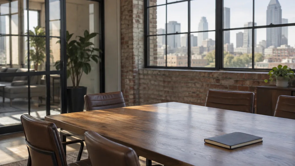 An empty workspace in an Atlanta converted-warehouse office with soft daylight, an empty meeting table and one closed notebook