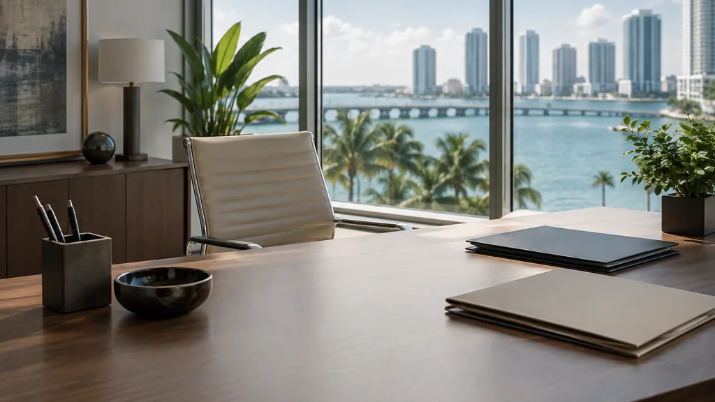 An empty workspace in a Miami waterfront office with bright diffused light, an empty desk and plain unbranded folders