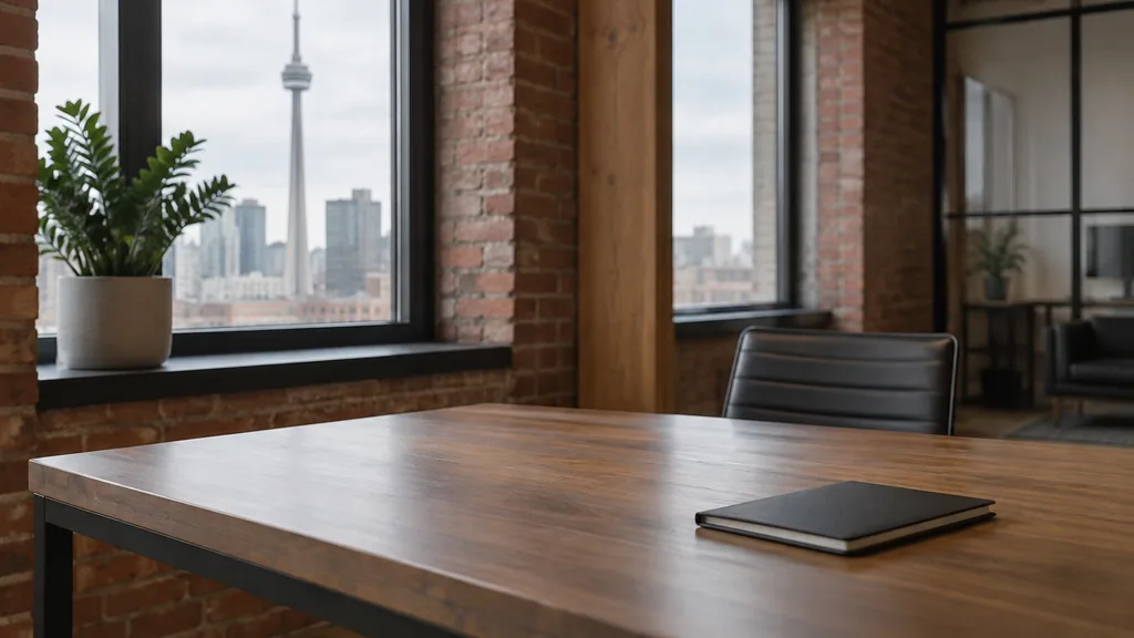 An empty workspace in a Toronto brick-and-beam office with soft overcast daylight, an empty table and one closed notebook