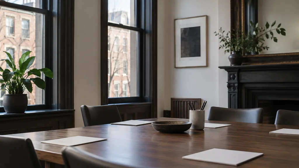 An empty workspace in a Boston brownstone office with cool morning light, an empty meeting table and plain unbranded pages