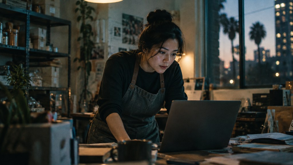 A small-business owner in an apron leaning over a laptop on a cluttered back-office desk late in the day, photographed in San Jose