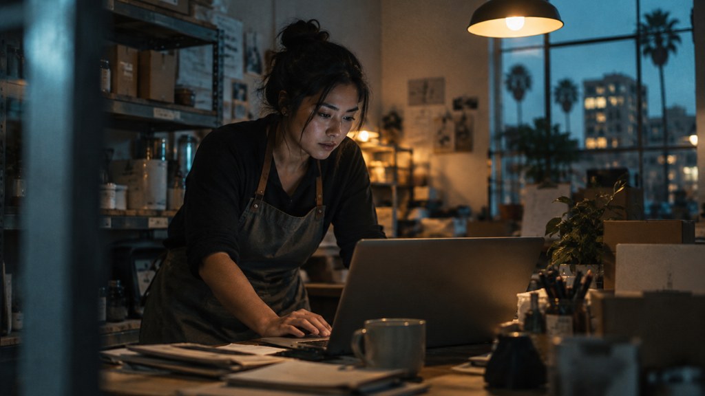A small-business owner in an apron leaning over a laptop on a cluttered back-office desk late in the day, photographed in San Jose