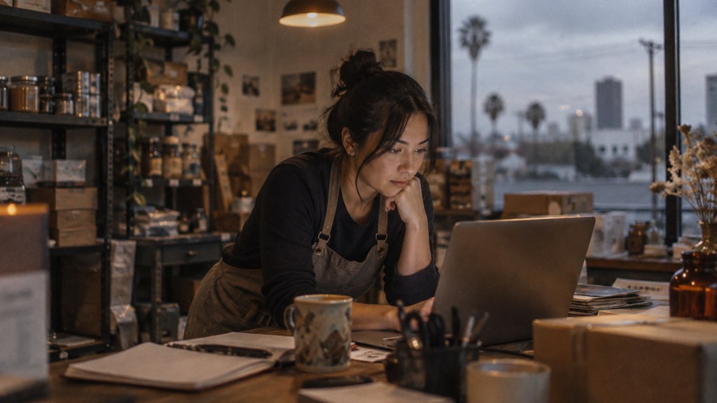 A small-business owner in an apron leaning over a laptop on a cluttered back-office desk late in the day, photographed in San Jose