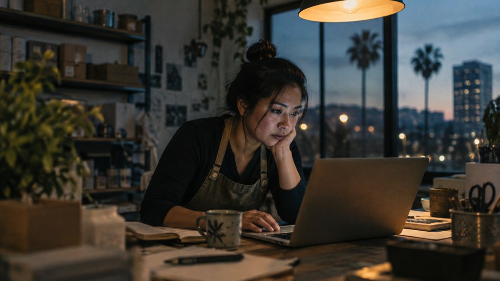 A small-business owner in an apron leaning over a laptop on a cluttered back-office desk late in the day, photographed in San Jose