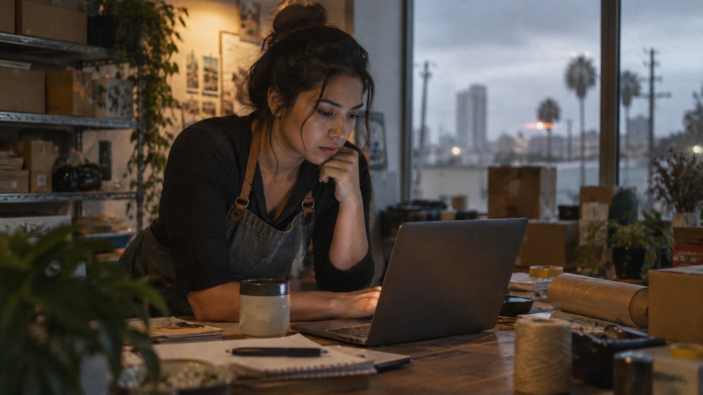 A small-business owner in an apron leaning over a laptop on a cluttered back-office desk late in the day, photographed in San Jose