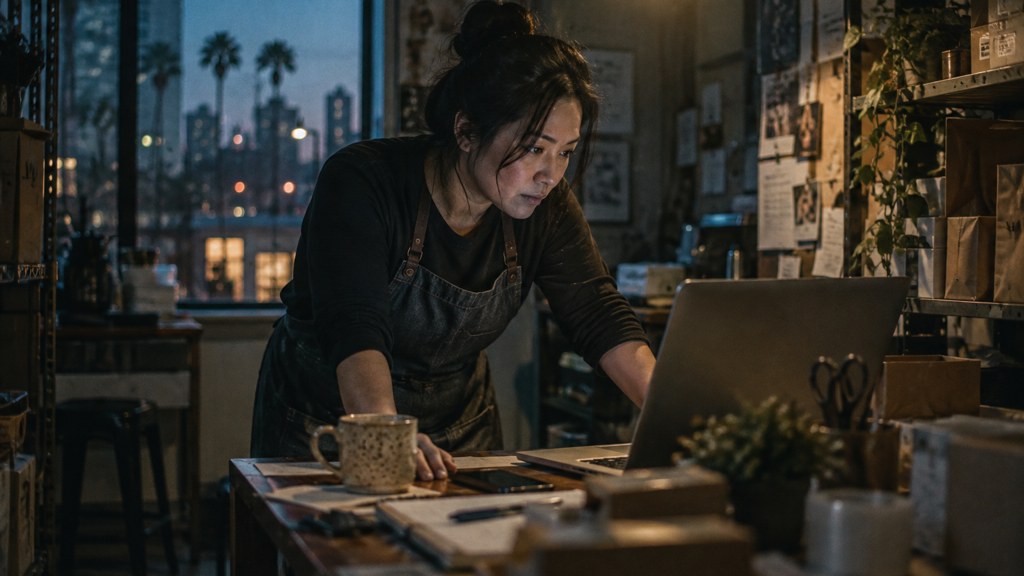 A small-business owner in an apron leaning over a laptop on a cluttered back-office desk late in the day, photographed in San Jose