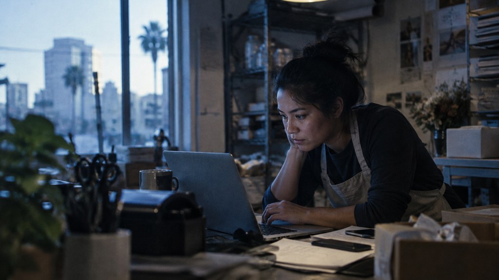 A small-business owner in an apron leaning over a laptop on a cluttered back-office desk late in the day, photographed in San Jose