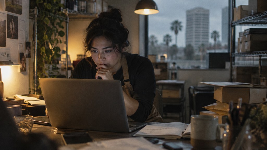 A small-business owner in an apron leaning over a laptop on a cluttered back-office desk late in the day, photographed in San Jose