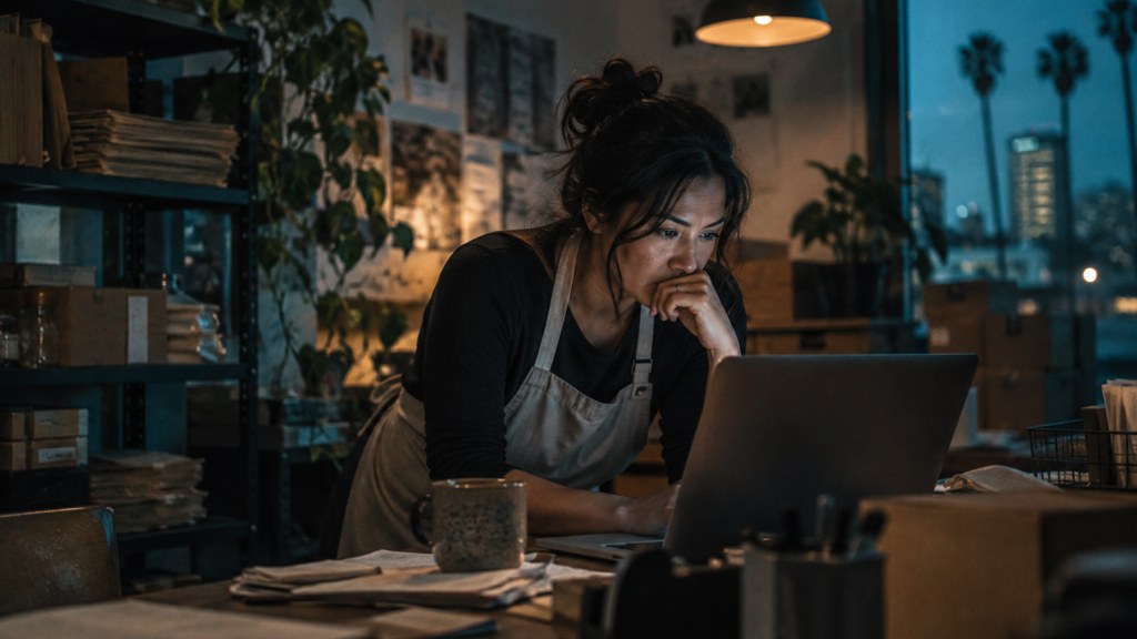 A small-business owner in an apron leaning over a laptop on a cluttered back-office desk late in the day, photographed in San Jose