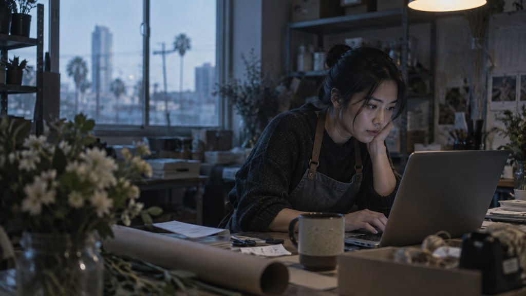 A small-business owner in an apron leaning over a laptop on a cluttered back-office desk late in the day, photographed in San Jose