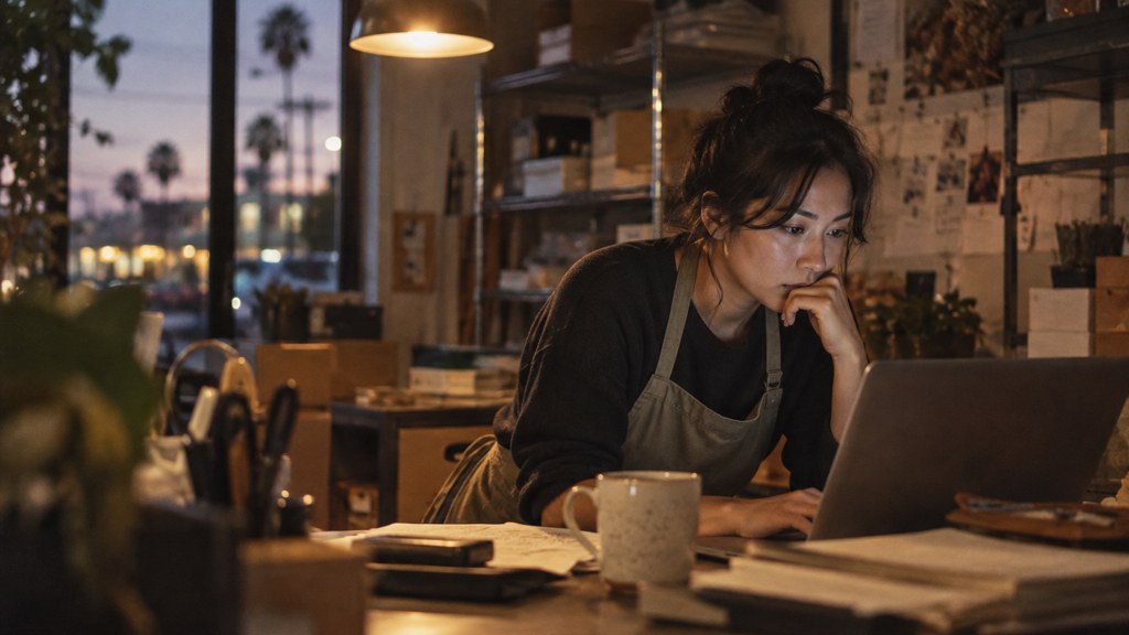 A small-business owner in an apron leaning over a laptop on a cluttered back-office desk late in the day, photographed in San Jose